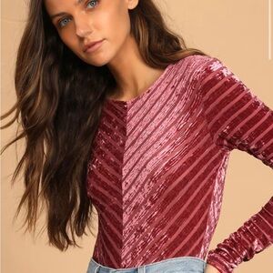 Lulu's Burgundy Velvet Striped Bodysuit